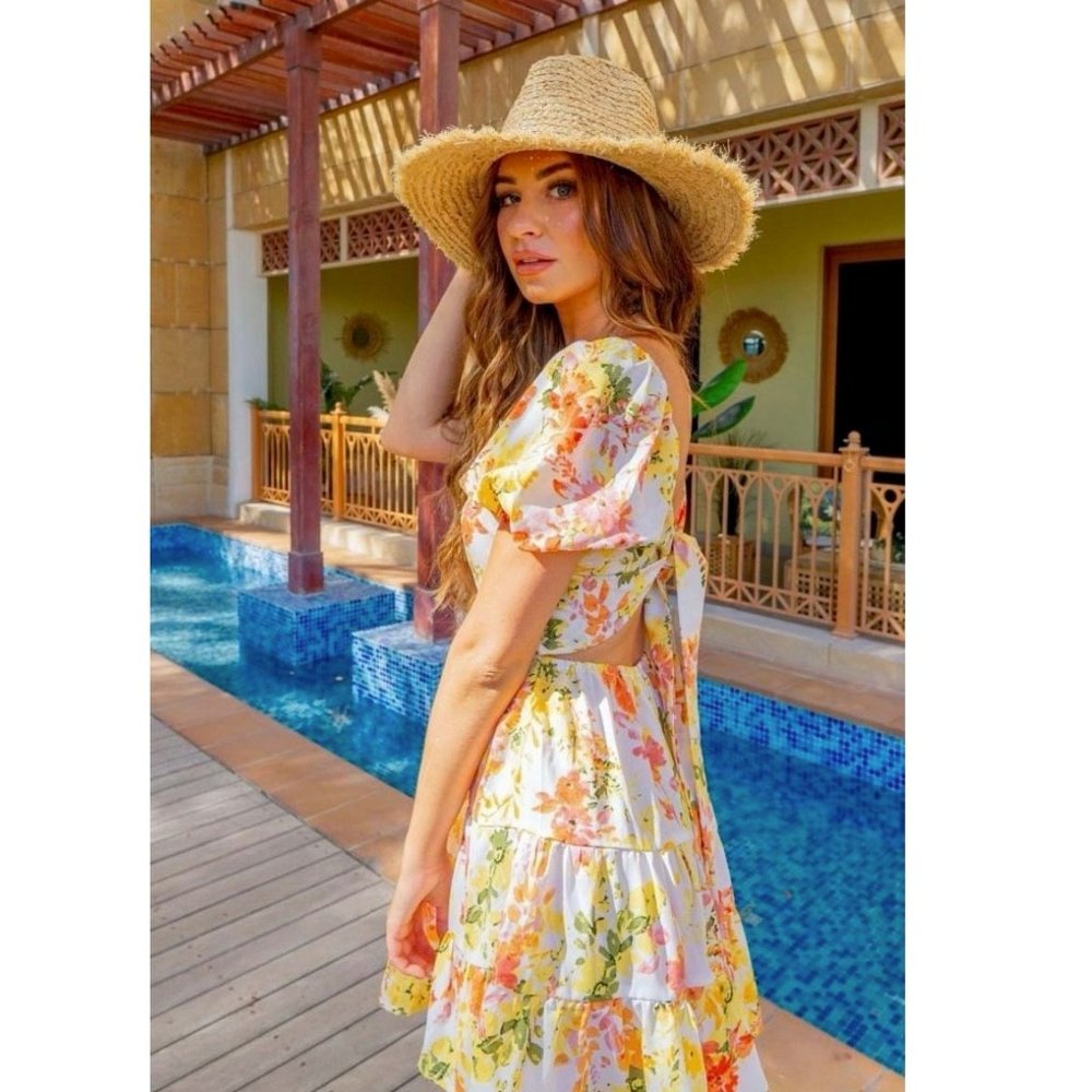 Yellow Floral Print Short Sleeve Open Back Mini Dress - Picture 7 of 10